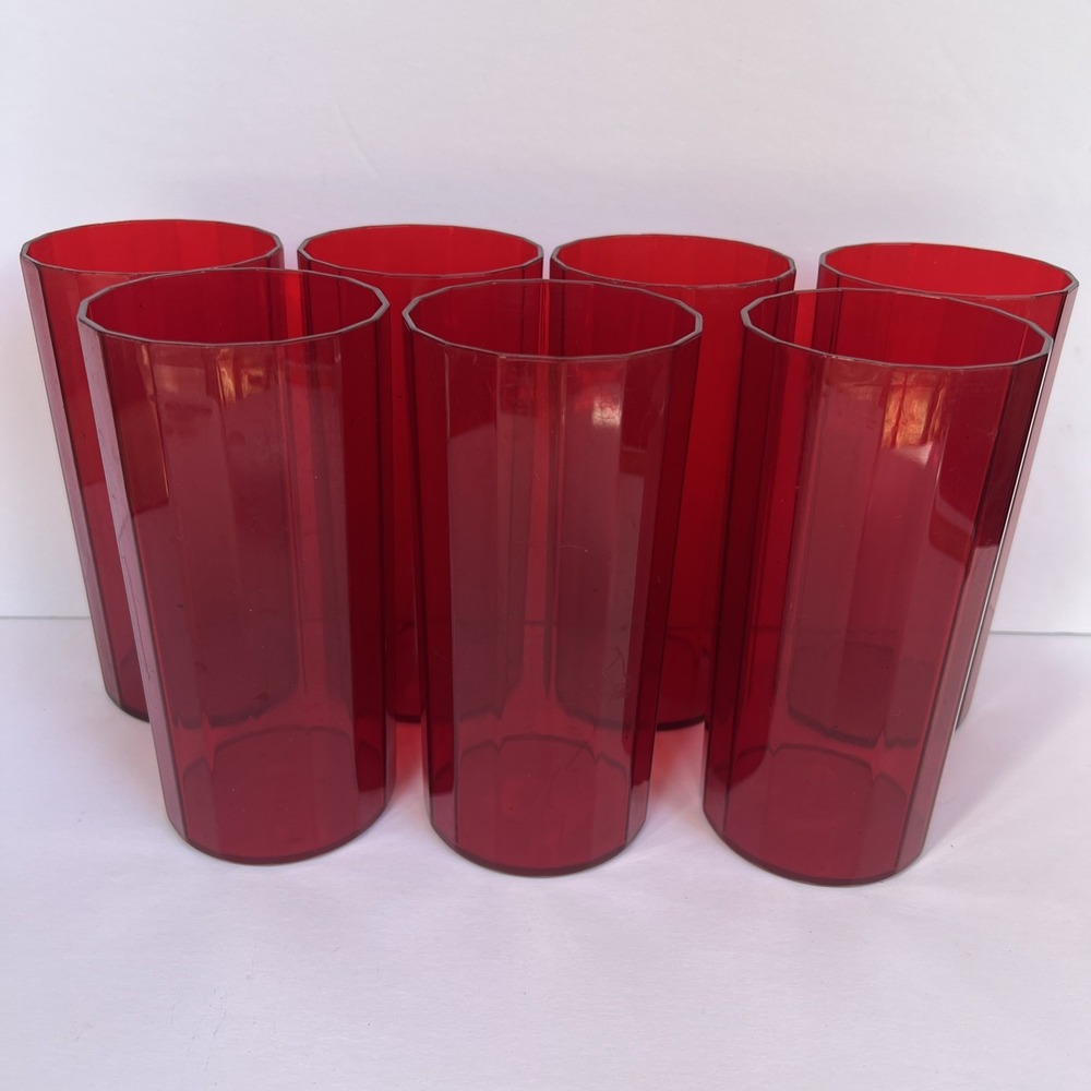 VTG 60s 70s Ruby Red Translucent Faceted Plastic Tumblers 22 Oz 16 Panel Set x7